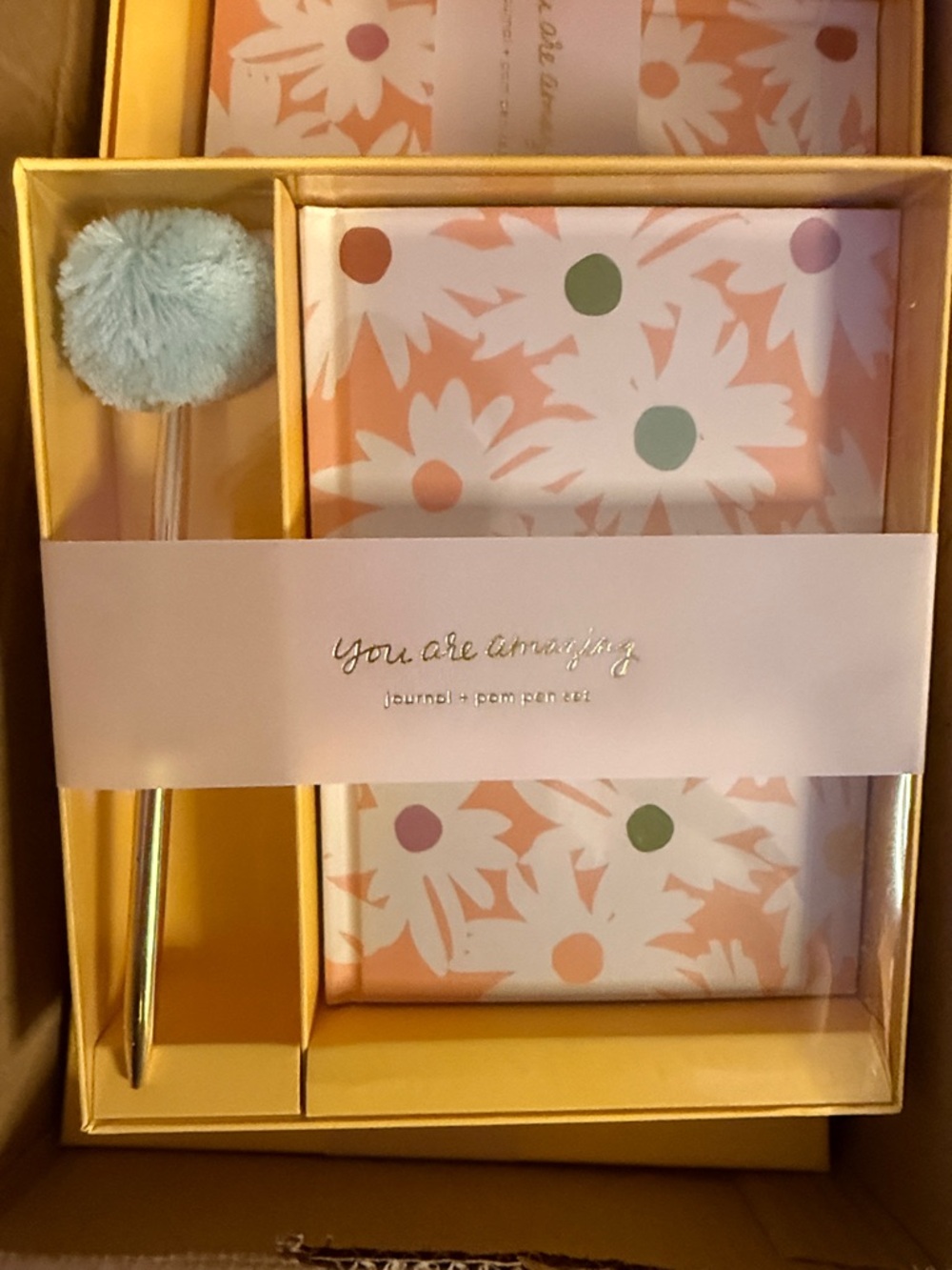 You Are Amazing Floral Journal & Pom-Pom Pen Set - Peach & Pastel Dots